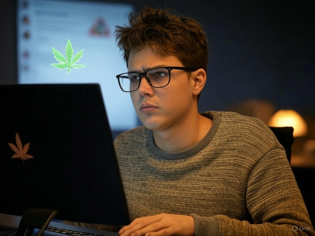 A young blogger wearing glasses and a sweater sits at a laptop with a cannabis leaf symbol floating above the screen. He looks focused and slightly concerned. In the background, a blurred screen displays a warning symbol, hinting at legal or regulatory concerns related to cannabis blogging.