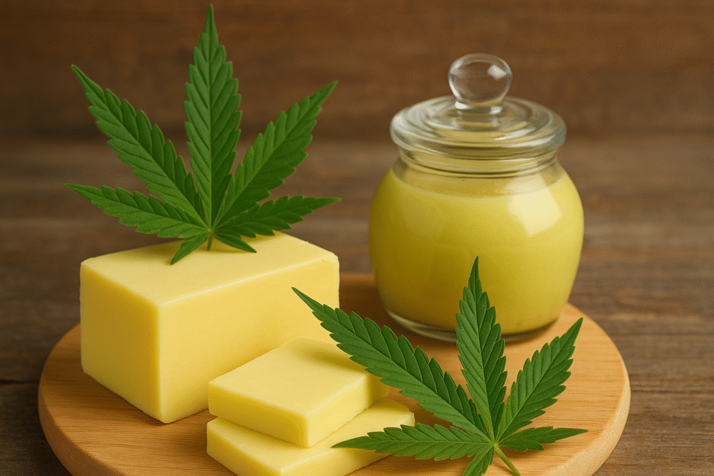 A block of yellow cannabis-infused butter with cannabis leaves on a wooden board