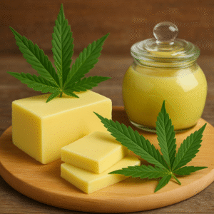 Cannabis Butter and Infused Jar on Wooden Board Slices of cannabis butter and a jar of infused butter with cannabis leaves
