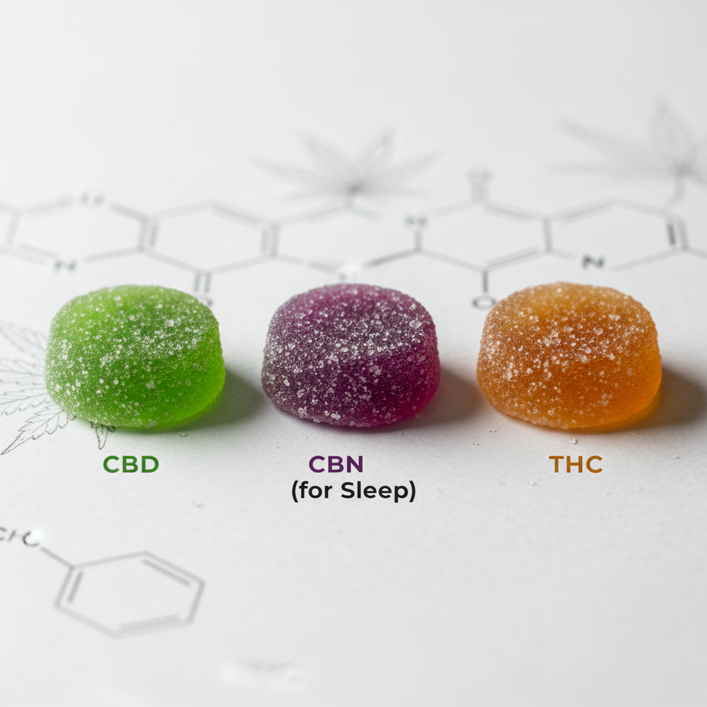 A visual guide to different cannabinoids featuring color-coded gummies representing CBD (relief), CBN (sleep), and THC (psychoactive). Set against a scientific background, this image illustrates the distinct roles of each compound in cannabis edibles.