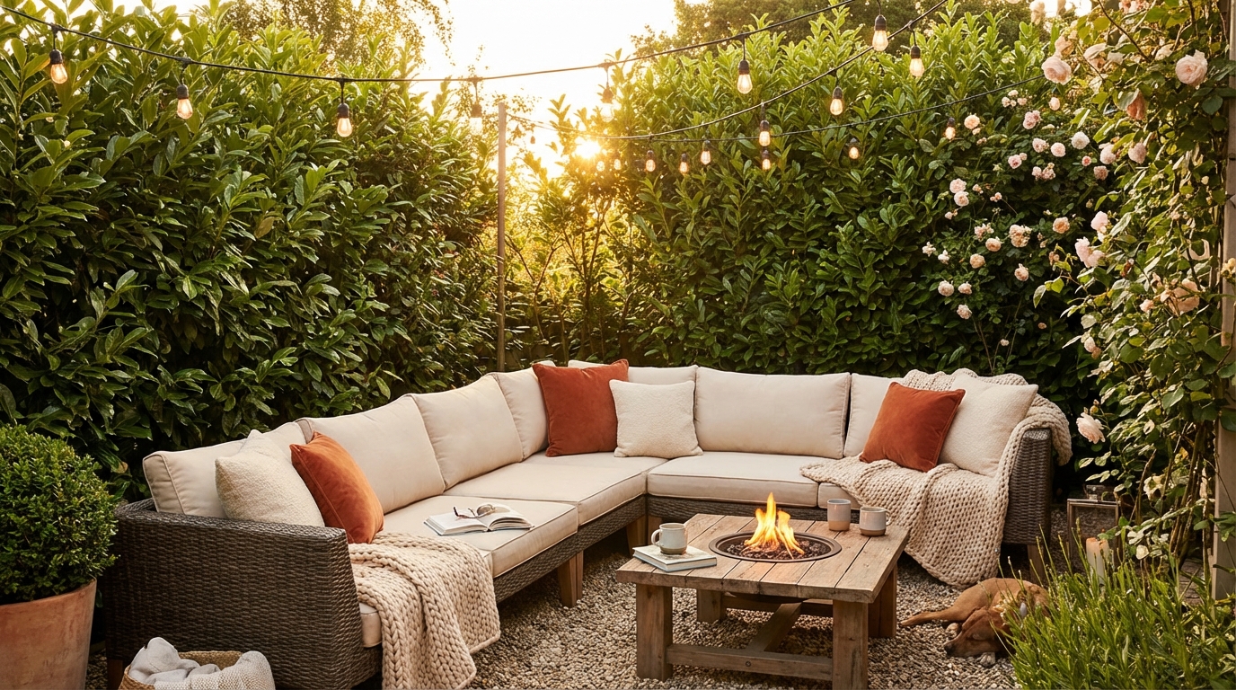 Cozy outdoor garden lounge with L-shaped wicker sectional sofa, beige cushions, rust-colored accent pillows, wooden fire pit coffee table, string lights overhead, surrounded by lush green privacy hedges and climbing roses at golden hour