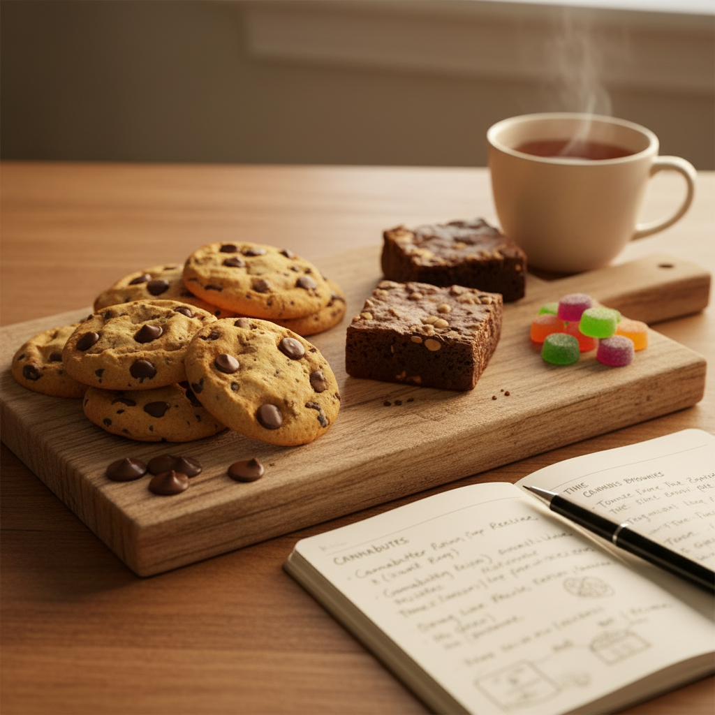 A cozy spread of homemade cannabis edibles including cookies, brownies, and gummies. Represents the rewarding experience of crafting your own infused treats at home with safety and enjoyment in mind.