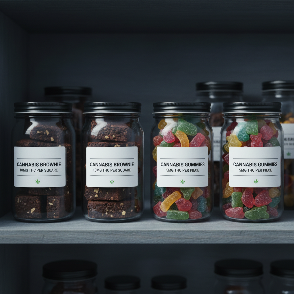 Best practices for storing cannabis edibles. Visual guide showing airtight glass jars with clear dosage labels stored in a cool, dark environment to preserve potency and prevent accidental consumption.